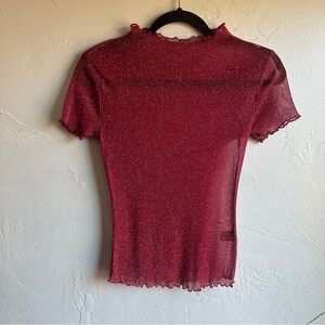 Y2K Red Glitter Mesh Mock Neck Top Sheer Fairy Grunge Party Tee Indie Sleaze M